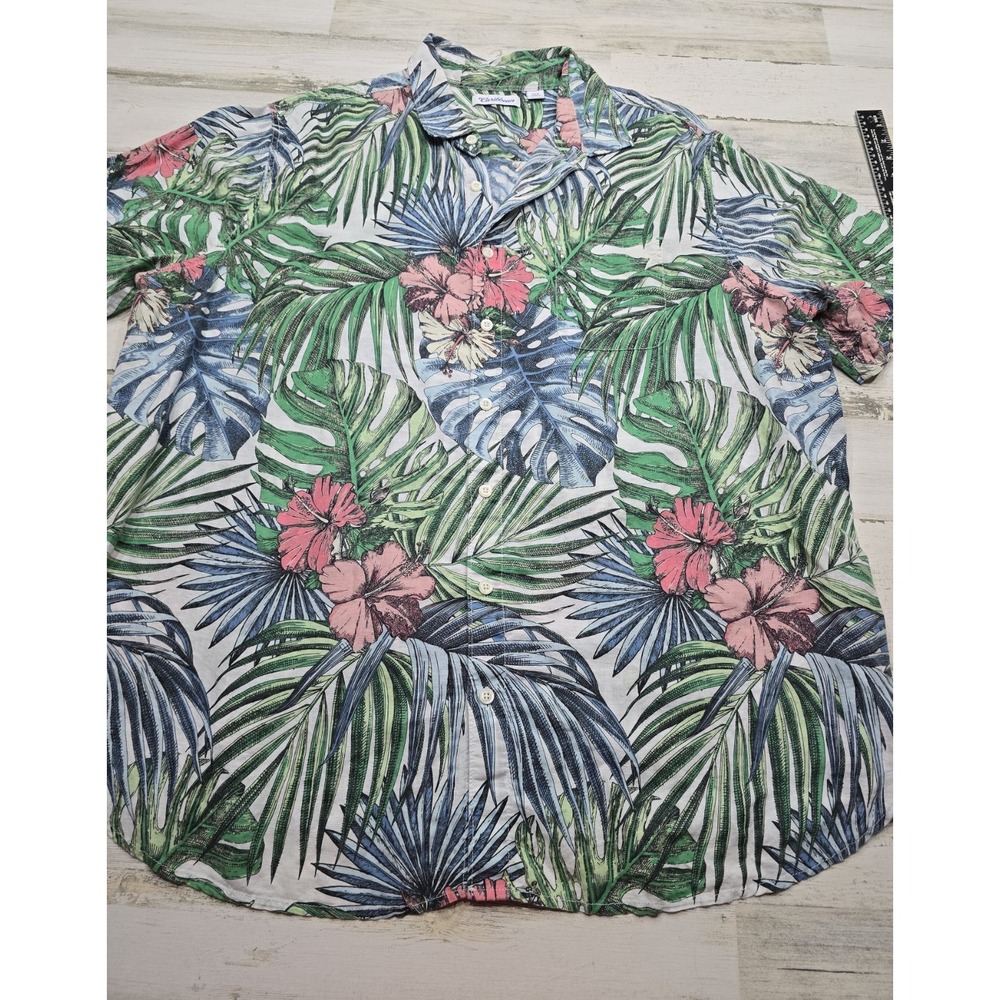 Caribbean Mens 2XB Tropical Floral Palm Print Linen Cotton Button Down Shirt - Picture 1 of 7